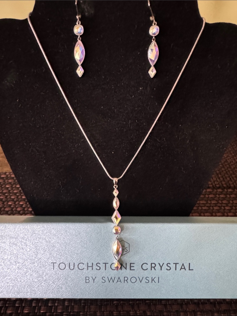 Touchstone Crystal Iridescent Pendant Necklace & Earrings Set - Silver